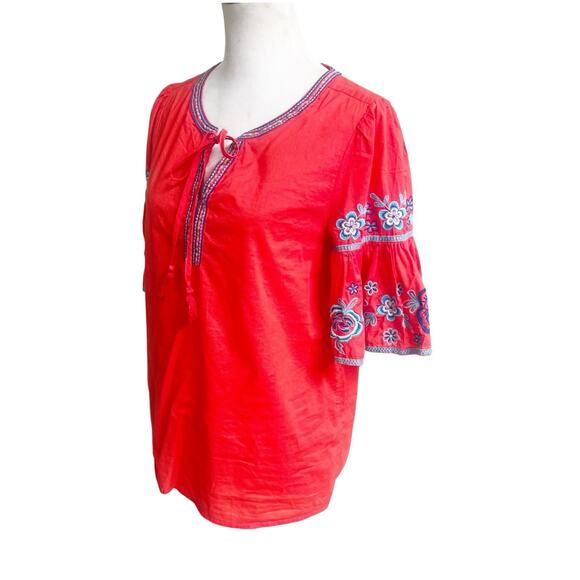 Beach Lunch Lounge Embroidered Bell Sleeve Blouse Size Small Tie Neck Coral Boho - Picture 2 of 10